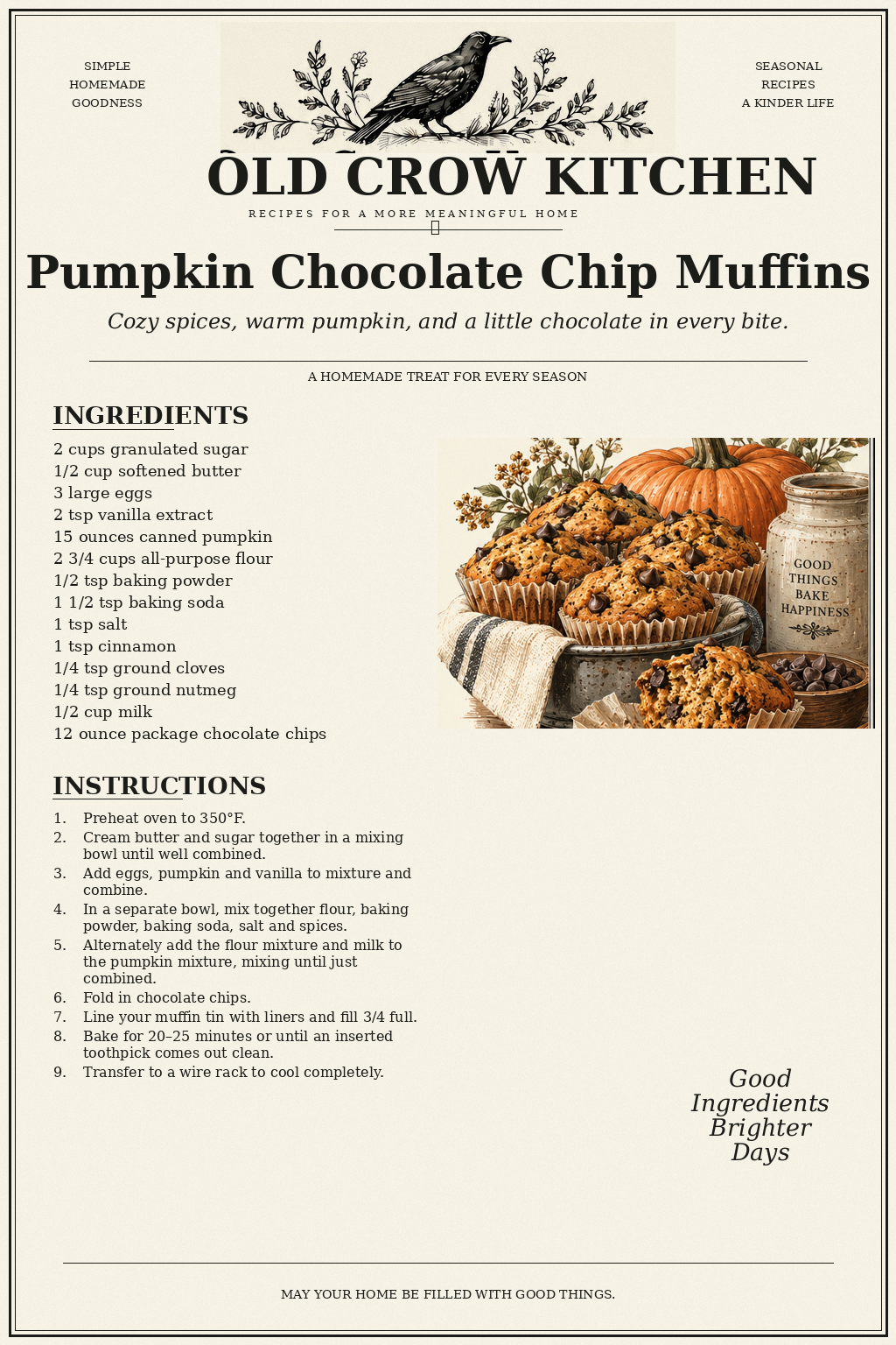 Pumpkin Chocolate Chip Muffins printable recipe card