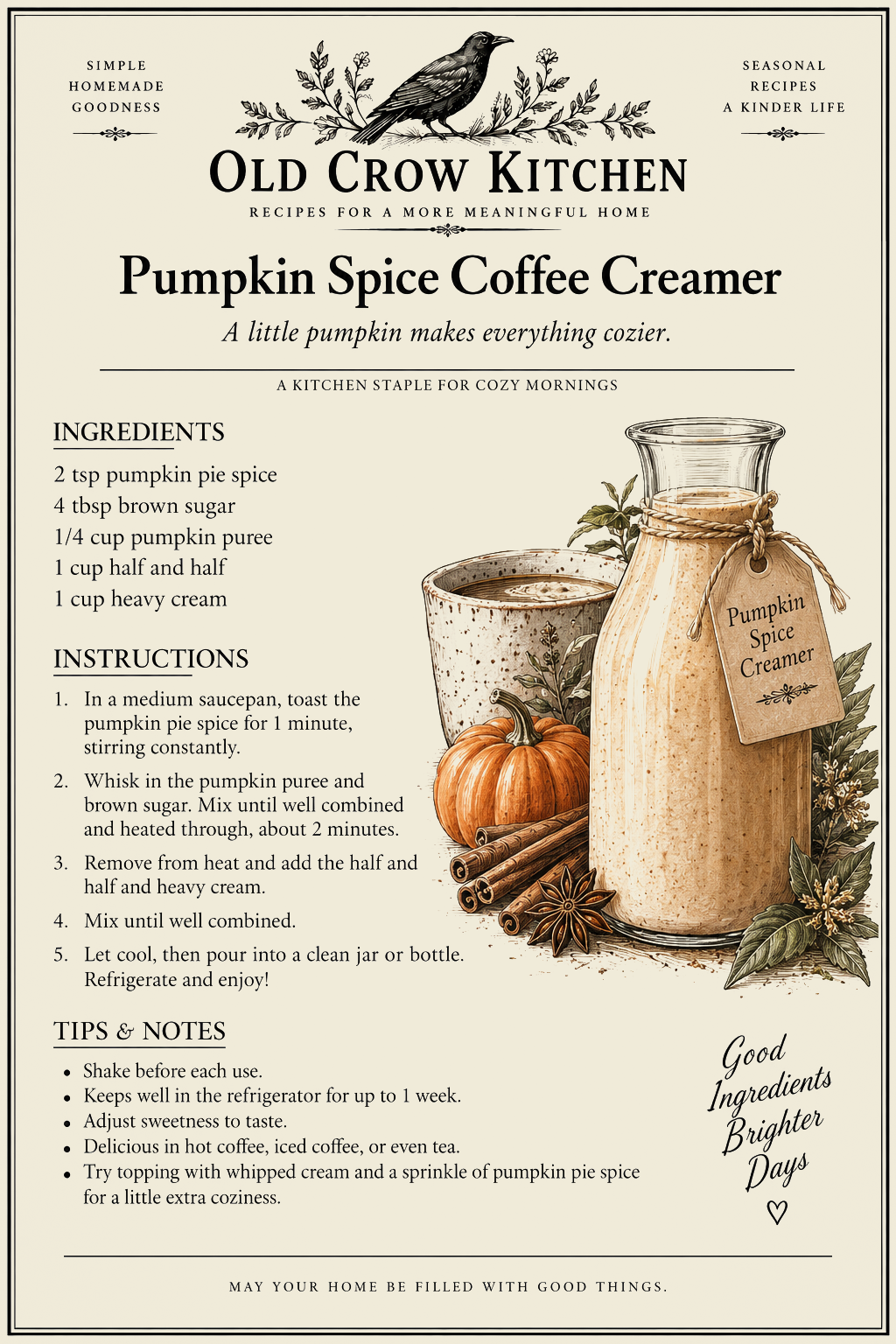 Pumpkin Spice Coffee Creamer printable recipe card